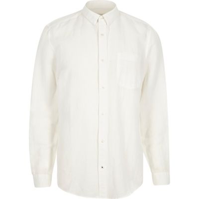 White relaxed fit linen-rich shirt